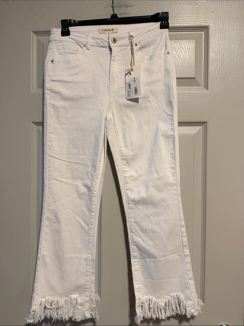 CHARLIE B White Fringed Hem Wide-Leg Jeans